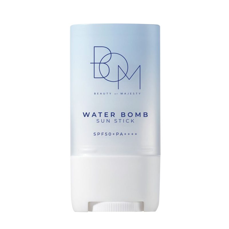 BOM Water Bomb Sun Stick SPF50+ PA++++ hydrating sunscreen stick by Beauty of Majesty, full product packaging