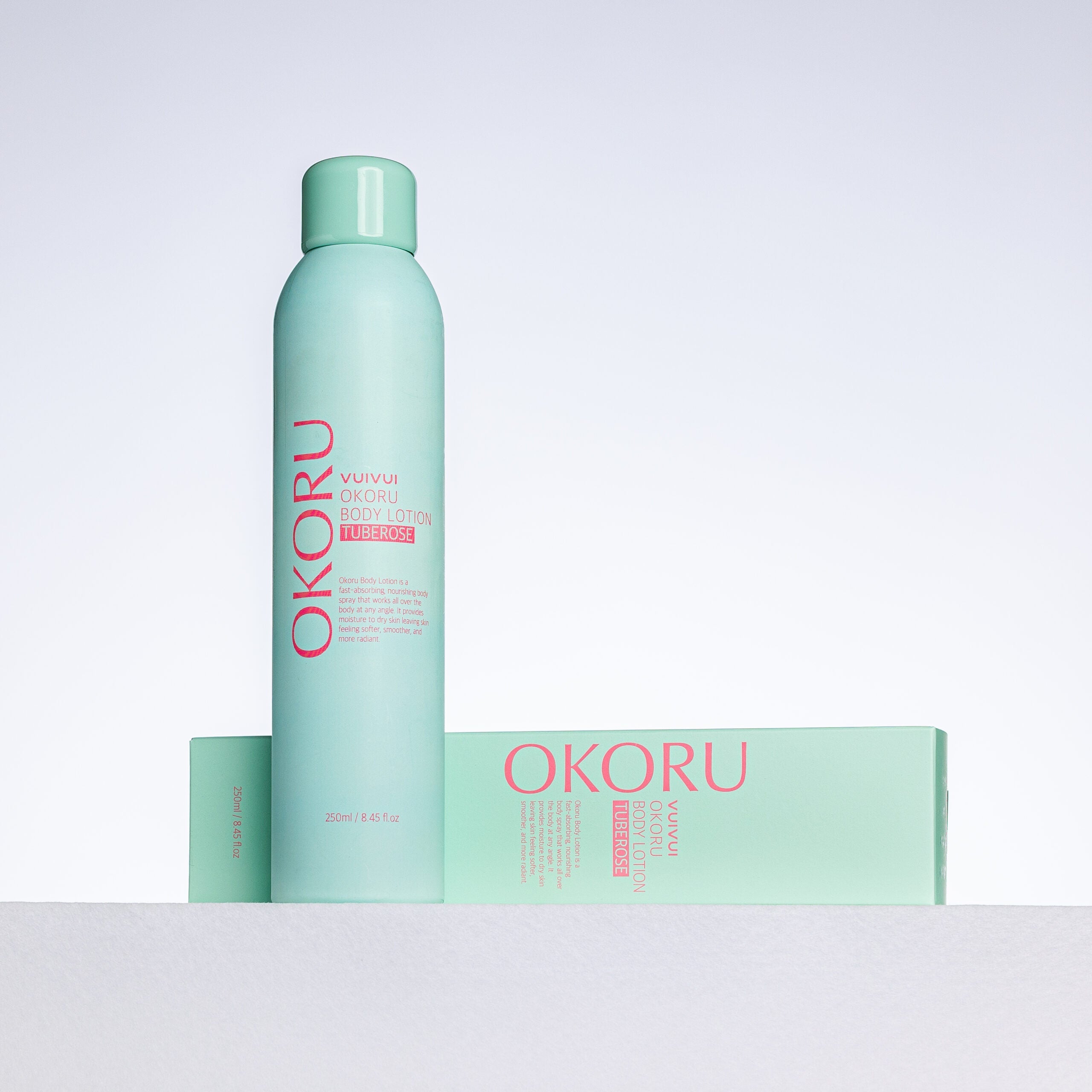 OKORU Tuberose spray body lotion, side view of the bottle