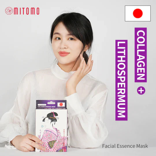 Mitomo collagen sheet mask packaging showing ingredients and product details
