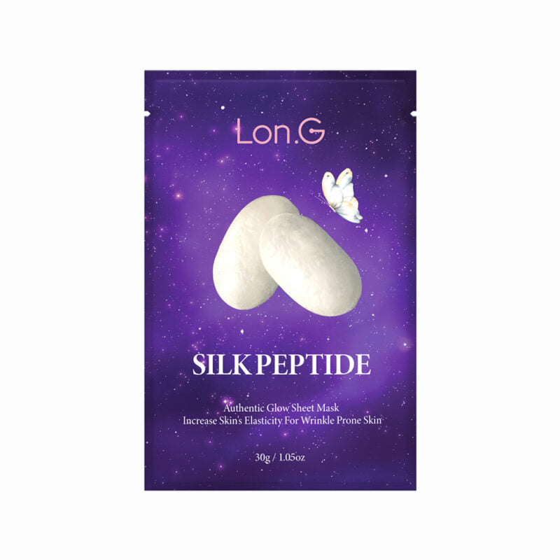 Lon.G silk peptide sheet mask front of single-use sachet packaging