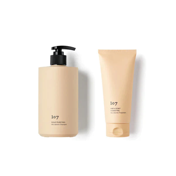107 Nourish &amp; Hydrate Haircare Set product packaging showing the shampoo and hair and scalp treatment bottles