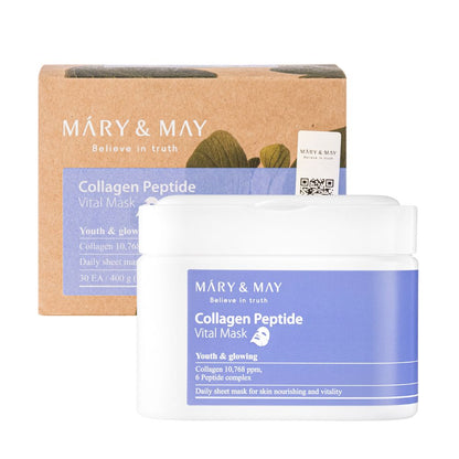Sheet masks with  with collagen, six types of peptides and adenosine – box of 30 pcs. Mary&amp;May Collagen Peptide Vital mask - Koreancare