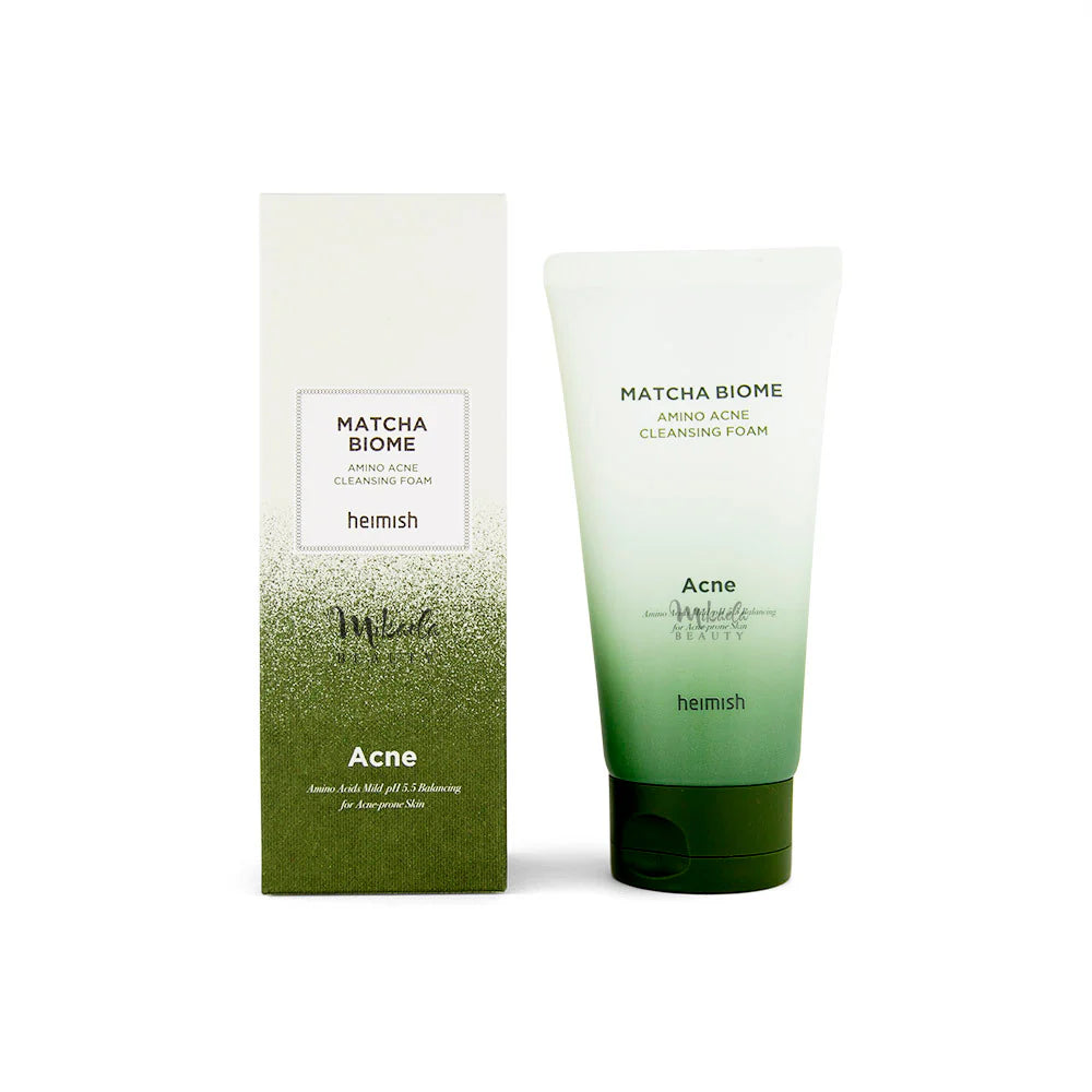 Heimish Matcha Biome Amino Cleansing Foam tube with green matcha packaging