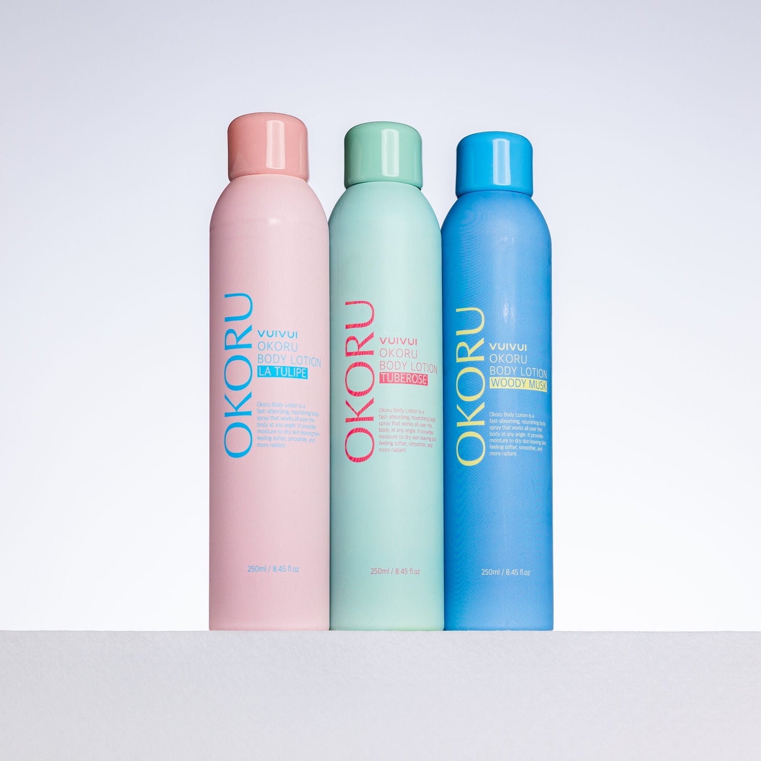 OKORU spray body lotion range shown together, full collection