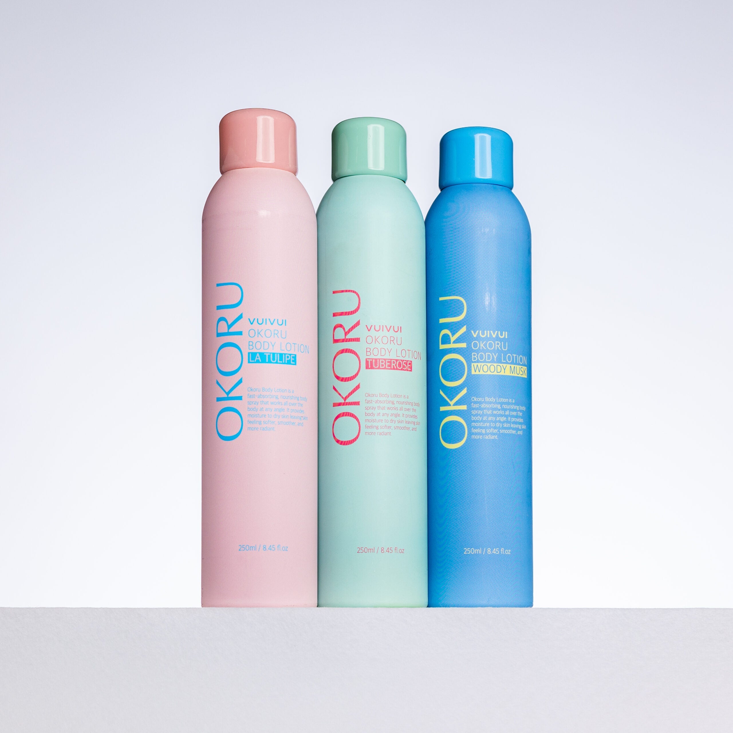 OKORU spray body lotion range shown together, full collection