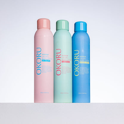OKORU spray body lotion range shown together, full collection