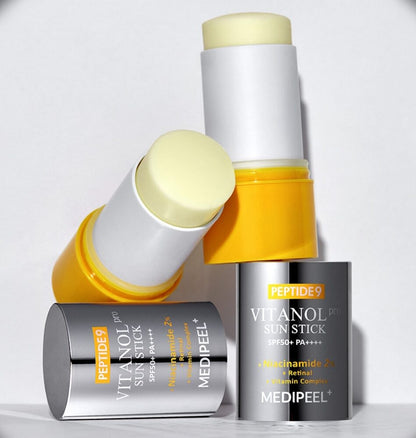 Medi-Peel Peptide 9 Vitanol Sun Stick SPF50+ shown with product details