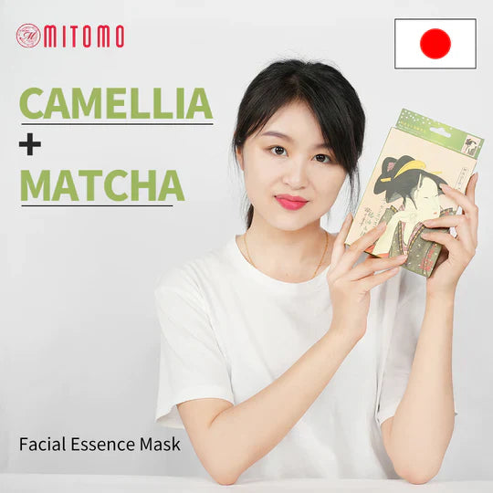 Mitomo Camellia and Matcha sheet mask sachet showing ingredient and benefit details