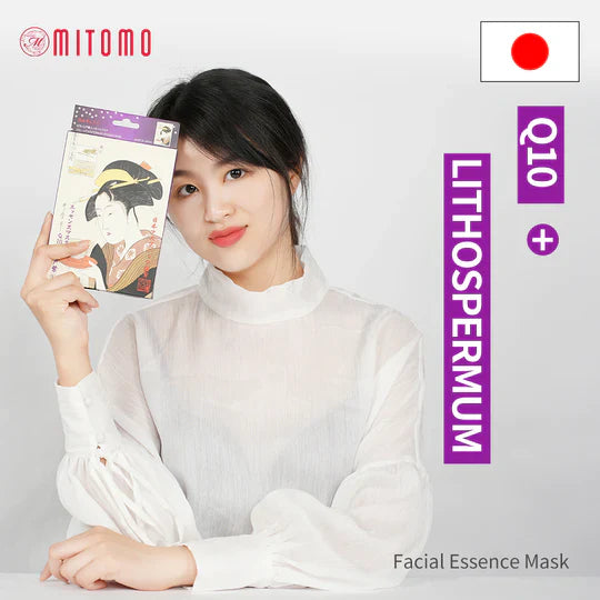 Mitomo Q10 &amp; Lithospermum sheet mask packaging back with ingredients