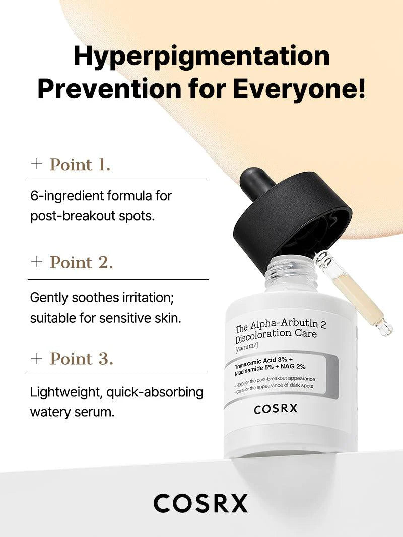 COSRX The Alpha-Arbutin 2 Discoloration Care Serum 50ml packaging box and bottle