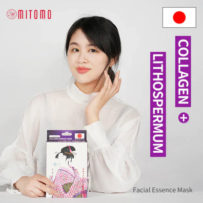 Mitomo collagen sheet mask packaging showing ingredients and product details