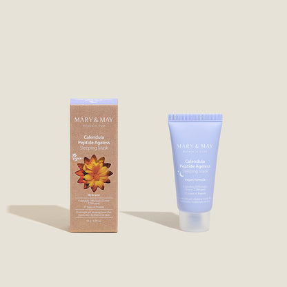 Texture swatch of Mary &amp; May Calendula Peptide Ageless Sleeping Mask on fingertips
