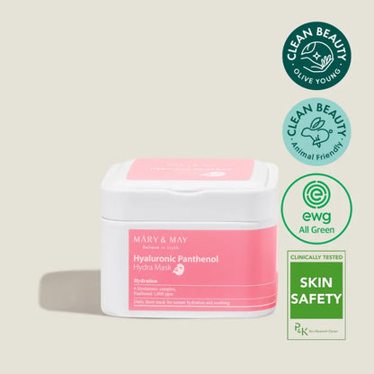 Hydrating sheet masks with hyaluronic acid and panthenol – box of 30 pcs. Mary &amp; May Hyaluronic Panthenol Hydra Mask - Koreancare