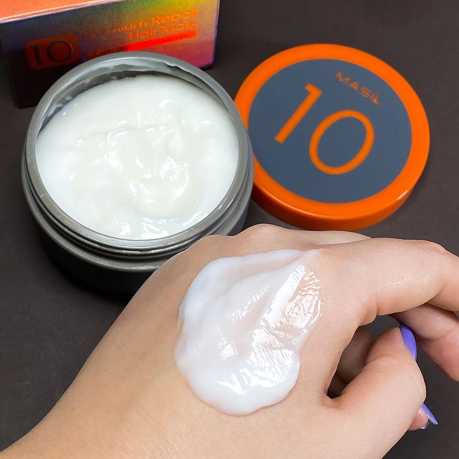 Masil 10 Premium Repair Hair Mask shown in a hair care routine