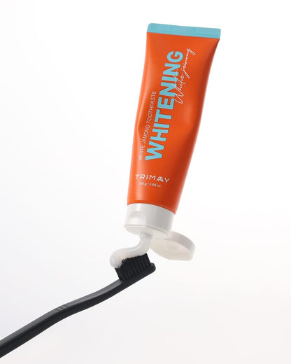 Ingredients and benefits infographic for Trimay Whitening White Jamong Tooth Paste