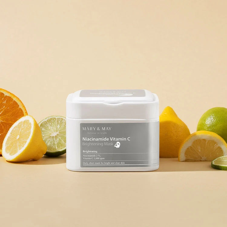 Brightening sheet masks with niacinamide and vitamin C - box of 30 pcs, Mary &amp; May - Koreancare